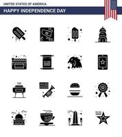 16 signes de glyphes solides pour les films de défilement de la fête de l'indépendance des États-Unis vecteur