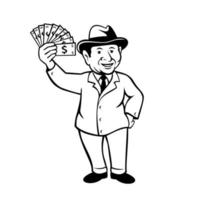 homme d & # 39; affaires vintage avec une liasse de billets de banque ou d & # 39; argent dessin animé noir et blanc vecteur