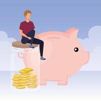 jeune homme avec des économies de cochon vecteur