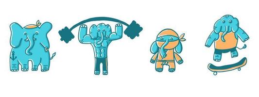 éléphants de sport. illustrations vectorielles dans un style plat de dessin animé isolé sur fond blanc. vecteur