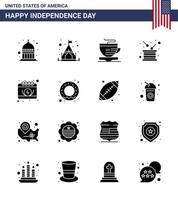 joyeux jour de l'indépendance pack de 16 signes et symboles de glyphes solides pour la date de l'indépendance de la coupe américaine des éléments de conception vectoriels modifiables usa day vecteur