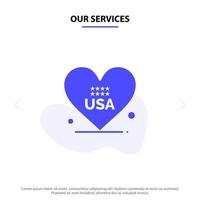 nos services coeur amour américain usa solide glyphe icône modèle de carte web vecteur