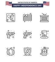 joyeux jour de l'indépendance 4 juillet ensemble de 9 lignes pictogramme américain du jour des présidents vacances arme sécurité modifiable usa day vector design elements