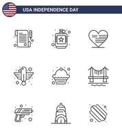 pack de 9 lignes de célébration de la fête de l'indépendance des états-unis et symboles du 4 juillet tels que gâteau aigle coeur oiseau américain modifiable usa day vector design elements