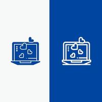 ordinateur portable amour coeur mariage ligne et glyphe icône solide bannière bleue ligne et glyphe icône solide bannière bleue vecteur