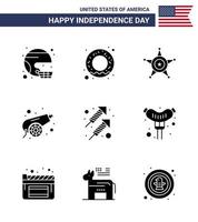 pack de 9 glyphes solides liés à la fête de l'indépendance des états-unis créatifs de célébration guerre nutrition canon états-unis modifiables éléments de conception vectorielle de la journée des états-unis vecteur