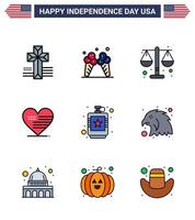 ensemble de 9 icônes de la journée des états-unis symboles américains signes de la fête de l'indépendance pour la fiole drapeau de la justice alcoolique amour éléments de conception vectoriels de la journée des états-unis modifiables vecteur