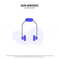 nos services casque écouteur téléphone musique solide glyphe icône modèle de carte web vecteur