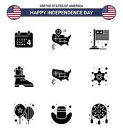 paquet de glyphes solides de 9 symboles de la fête de l'indépendance des états-unis des États-Unis vecteur