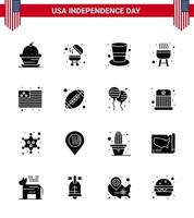 pack de 16 signes de glyphes solides de célébration de la fête de l'indépendance des états-unis et symboles du 4 juillet tels que les états-unis pays cuisinier américain barbecue modifiable éléments de conception vectorielle de la journée des états-unis vecteur