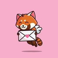 panda rouge cupidon mignon tenant une lettre d'amour dessin animé illustration vectorielle amour animal isolé vecteur