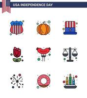 9 usa plat rempli ligne signes fête de l'indépendance célébration symboles de la cour chapeau de francfort nourriture usa modifiable usa day vector design elements