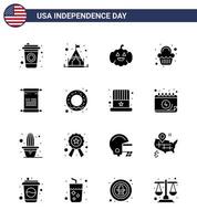 pack de 16 glyphes solides liés à la fête de l'indépendance des états-unis créatifs de donut texte américain des états-unis célébration modifiable éléments de conception vectorielle de la journée des états-unis vecteur