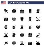 joyeux jour de l'indépendance 4 juillet ensemble de 25 pictogrammes solides de glyphe américain de téléphone de tambour de cellule de vacances st modifiables usa day vector design elements