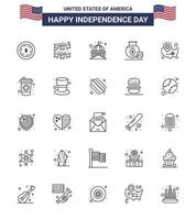 usa joyeux jour de l'indépendancepictogramme ensemble de 25 lignes simples de sac de construction d'argent de carte blanc modifiable éléments de conception de vecteur de jour des états unis