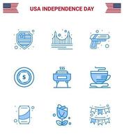 bonne fête de l'indépendance pack de 9 signes et symboles de blues pour la fête barbecue pistolet maony américain modifiable usa day vector design elements