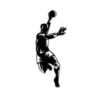 Joueur de handball européen sautant marquant gravure sur bois noir et blanc vecteur
