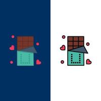 chocolat amour nourriture icônes sucrées plat et ligne remplie icône ensemble vecteur fond bleu