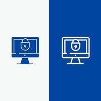 ordinateur internet verrouillage ligne de sécurité et glyphe icône solide bannière bleue ligne et glyphe icône solide bannière bleue vecteur