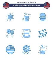 fête de l'indépendance des états-unis bleu ensemble de 9 pictogrammes des états-unis de fête américaine burger day ballons éléments de conception vectoriels modifiables de la journée des états-unis vecteur
