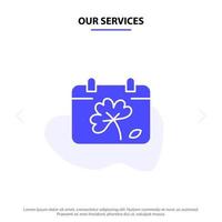 nos services calendrier fleur jour printemps solide glyphe icône modèle de carte web vecteur