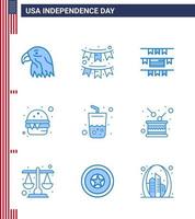 9 usa bleu signes fête de l'indépendance célébration symboles de boisson repas guirlande nourriture burger modifiable usa jour vecteur éléments de conception