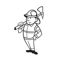 pompier ou pompier tenant une hache de feu dessin animé noir et blanc vecteur