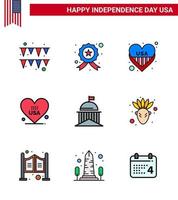 usa independance day plat rempli ligne ensemble de 9 pictogrammes usa de green city heart usa love modifiable usa day vector design elements