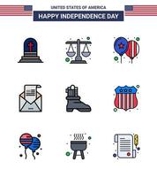 groupe de 9 lignes remplies à plat définies pour le jour de l'indépendance des états-unis d'amérique tels que des ballons d'invitation shose salutation e-mail modifiable usa day vector design elements