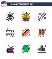 usa joyeux jour de l'indépendancepictogramme ensemble de 9 lignes simples remplies à plat de chien de maïs hotdog baseball guirlande américaine modifiable usa day vector design elements