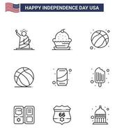 groupe de 9 lignes définies pour le jour de l'indépendance des états-unis d'amérique tels que usa ball sweet football football modifiable usa day vector design elements