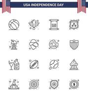 usa joyeux jour de l'indépendancepictogramme ensemble de 16 lignes simples de bouteille bouclier sécurité de l'état usa modifiable usa day vector design elements