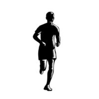 Marathon runner silhouette en cours d'exécution vue de face rétro gravure sur bois noir et blanc vecteur