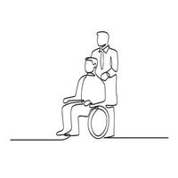 Patient assis sur un fauteuil roulant avec un médecin ou une infirmière soignante dessin au trait continu vecteur