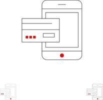 paiement banque carte bancaire crédit argent mobile smartphone gras et mince jeu d'icônes de ligne noire vecteur