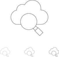 jeu d'icônes de ligne noire audacieuse et fine de recherche de recherche dans les nuages vecteur