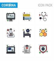 virus corona 2019 et 2020 épidémie 9 ligne remplie pack d'icônes de couleur plate comme expérience salle médicale soins de santé lit d'hôpital recherche coronavirus viral 2019nov éléments de conception de vecteur de maladie