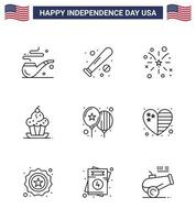 groupe de 9 lignes définies pour le jour de l'indépendance des états-unis d'amérique tels que des ballons doux feu d'artifice muffin gâteau modifiable usa day vector design elements