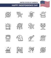 joyeux jour de l'indépendance 16 lignes pack d'icônes pour le web et l'impression usa sac crème boutique argent modifiable usa day vector design elements