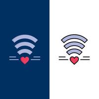 wifi amour mariage coeur icônes plat et ligne remplie icône ensemble vecteur fond bleu