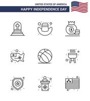 joyeux jour de l'indépendance 4 juillet ensemble de 9 lignes pictogramme américain de sac de football américain usa états modifiables usa day vector design elements