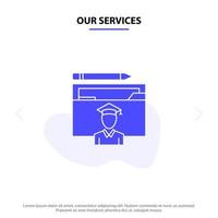 nos services avatar éducation diplômé remise des diplômes érudit solide glyphe icône modèle de carte web vecteur