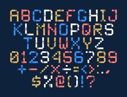 alphabet de vecteur pixel art. les lettres colorées se composent de modules. lettres de bandes, de carrés et de points. alphabet géométrique pour des affiches comme le tableau de bord électronique