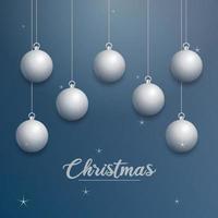 bannière de Noël de vecteur avec des décorations. texte de joyeux noël. ornements d'argent sur fond bleu