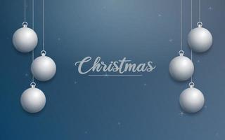 bannière de Noël de vecteur avec des décorations. texte de joyeux noël. ornements d'argent sur fond bleu