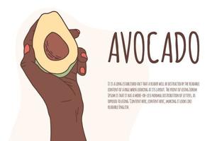 main africaine tient un avocat sur une bannière de vecteur de fond isolé. une bonne nutrition, végétalienne. éco-produit. avocat à la main illustration vectorielle de dessin animé plat élégant avec espace de copie pour le texte