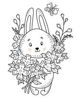 lapin mignon avec grand bouquet de fleurs et papillon volant. illustration vectorielle. doodles linéaires dessinés à la main. animal drôle vecteur