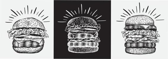 burger dessiné à la main de vecteur noir sur fond blanc