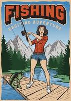 affiche de pêche pin up girl dans un style vintage vecteur