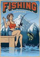 affiche de pêche vintage couleur avec une pin up girl vecteur